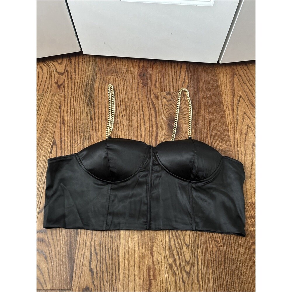 Love X Design Black Bustier Crop Top Gold Chain Straps 1X NWT